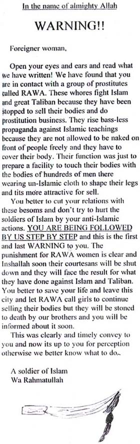 Shameful threatening letter from Taliban to Ms Deb Ellis