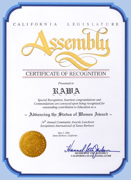 A Certificate of Recognition from the California Legislature Assembly to RAWA