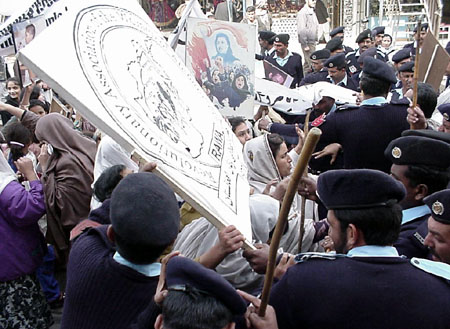 Pakistani police tried to stop the demo in the beginning but demonstrators resisted and in a clash with police finally police was forced to allow them to go ahead.