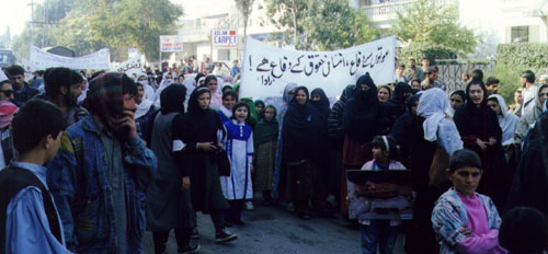 After an hour sit-in in front of UN office the participants went to Afghans residential area, Peshawar Mor and marched through the streets.