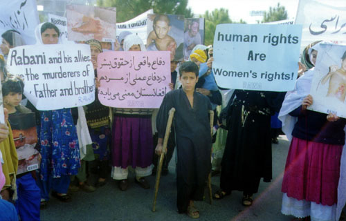 The demonstrators were holding banners and placards, inscribed with slogans against Taliban and demanding of the United Nations to take note of violation of women rights.